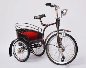 Rickshaw chino en miniatura / Modelo de triciclo de metal vintage / Decoración del hogar de estilo antiguo coleccionable