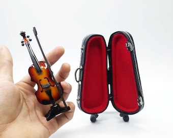 Violín en miniatura realista y estuche rígido, instrumento clásico en miniatura.