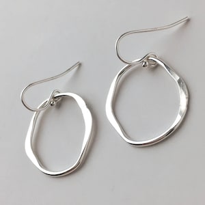 Simple Sterling Silver Organic Shaped Hoop Drop Earrings, Short Nickel Free Silver Dangle Earrings, Hammered Silver Everyday Jewelry Gift