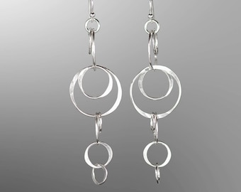 Long Sterling Silver Circles Earrings - Lightweight Statement Earrings - Nickel Free Sterling Silver Dangle Earrings