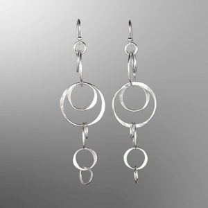 Handmade Sterling Silver Long Dangle Earrings: Lightweight Circle Statement Jewelry