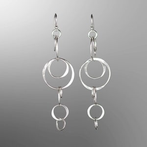 Long Sterling Silver Dangle Drop Earrings, Lightweight Nickel Free Circle Statement Earrings, Edgy Handmade Jewelry Gifts For Her