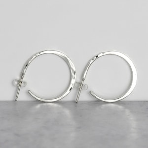 Small 1" Sterling Silver Post Hoop Earrings: Hammered Argentium Silver Everyday Jewelry
