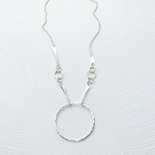 Hammered Sterling Silver Circle Pendant - Geometric Statement Necklace - Heavy Silver Circle Necklace with Hammered Bars and Circle Stations