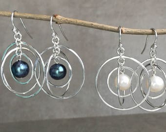 Sterling Silver and Freshwater Pearl Dangle Hoop Earrings - Hammered Silver Orbit Hoops with Pearls - White or Black Pearl Earrings