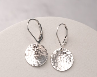 Leverback Earrings - Sterling Silver Dangles - Minimalist Jewelry for Her - Hammered Silver Discs on Lever Backs - Nickel Free 925 Silver