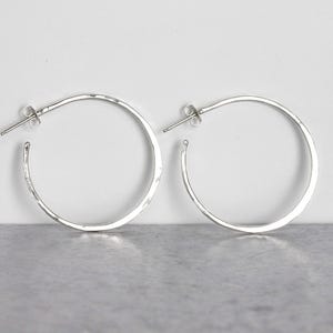 1.5" Sterling Silver Post Hoop Earrings: Hand Forged Hammer Textured Hoops