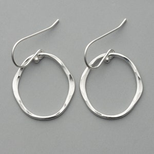 Simple Sterling Silver Organic Shaped Hoop Drop Earrings, Short Nickel Free Silver Dangle Earrings, Hammered Silver Everyday Jewelry