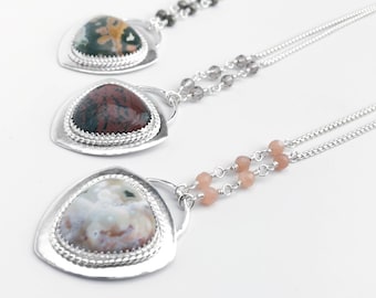 Ocean Jasper and Sterling Silver Pendant Necklace - Ocean Jasper Jewelry - Triangle Ocean Jasper Pendant - Silver and Stone Jewelry