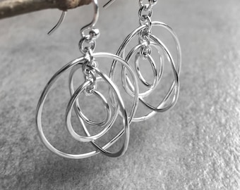 Dangling Orbit Earrings, Modern Sterling Silver Hoop Earrings with Beautiful Movement and High Shine, Everyday Silver Jewelry, Gifts for Her