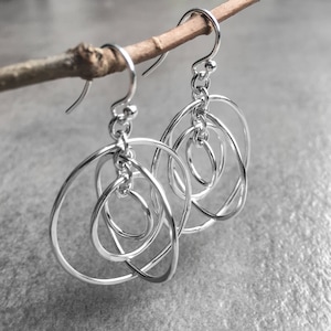 Dangling Orbit Earrings, Modern Sterling Silver Hoop Earrings with Beautiful Movement and High Shine, Everyday Silver Jewelry, Gifts for Her