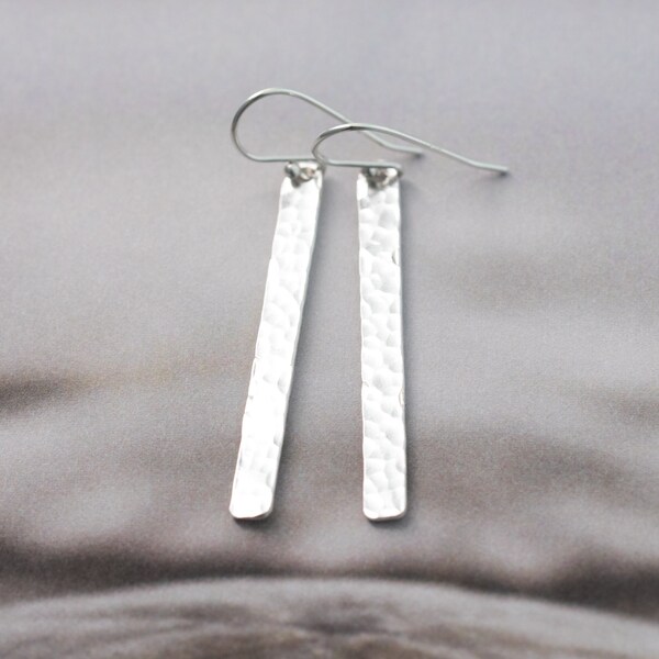 Bar Earrings, Handmade Sterling Silver Jewelry For Women, Edgy Earrings, Nickel Free Statement Dangle Drop Earrings, Hammered Silver