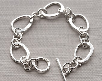 Sterling Silver Toggle Bracelet, Heavy Handmade Chain, Hammered Silver Jewelry Gift For Her, Unique Solid Argentium Silver Bracelet