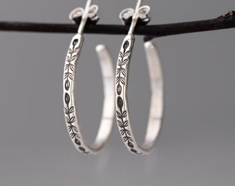 Silver Hoop Earrings, Handmade Sterling Silver Jewelry, Nature Earrings, Hypoallergenic Jewelry Gifts For Her, Stamped Everyday Earrings