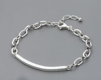 Heavy Sterling Silver Chain Bracelet with Hammered Bar Center - Handmade Chain Bracelet - Unique Silver Jewelry