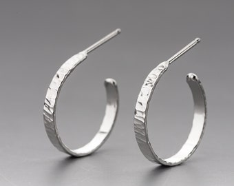 Hammered Sterling Silver 3/4" Hoop Earrings with Post and Ear Nut - Bright Shiny Silver Hoop Earrings - Small Everyday Hoops