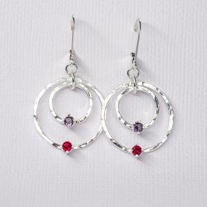 handmade mothers birthstone earrings.  Hammered sterling silver circle dangles with custom birthstones