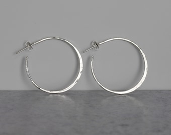 sterling silver oval hoop earring planishing smooth hand wrought earring wide hoop earring crescent moon loop eco friendly