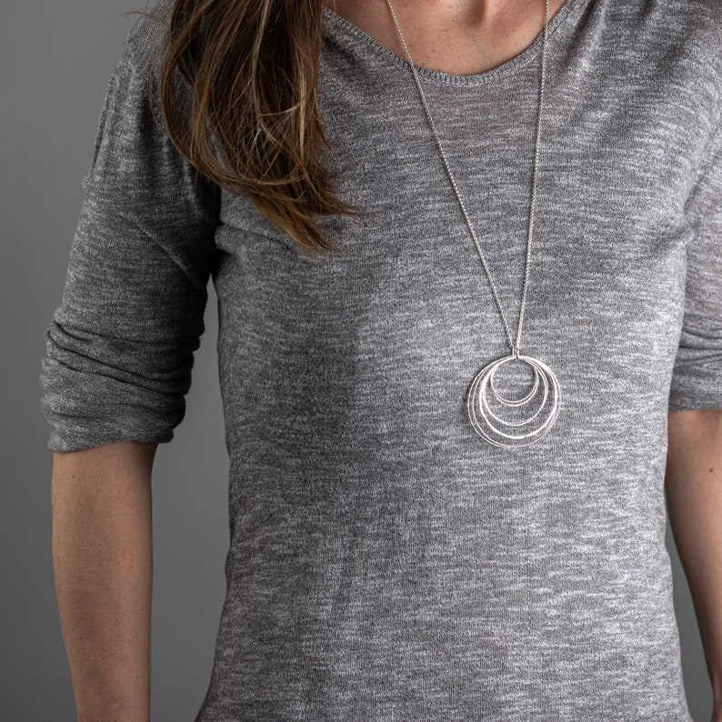 Statement Necklace Boho Artisan Silver Jewelry Long Sterling Silver Necklace -Cluster of Circles Pendant Necklace 30 Inch Silver Chain
