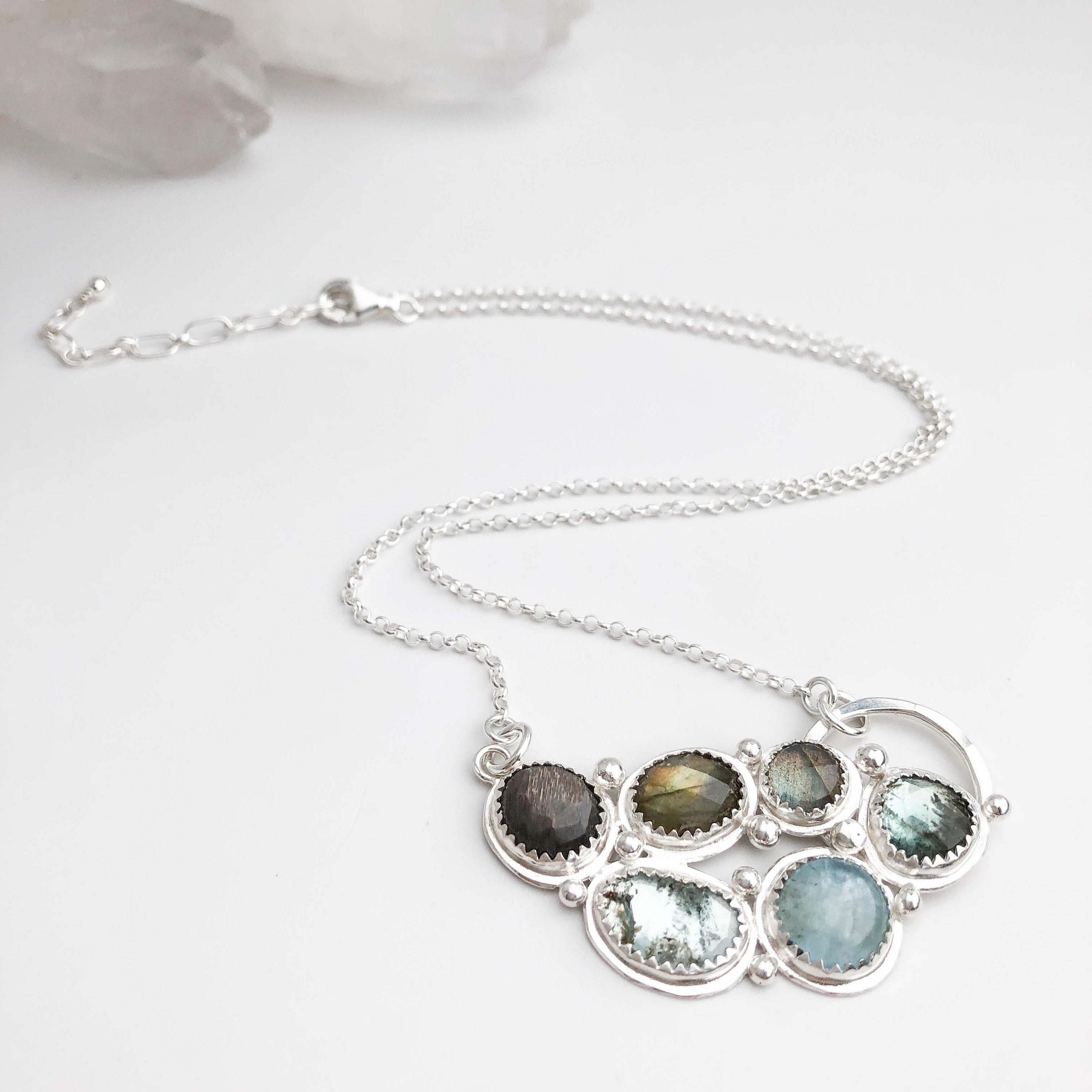 Gemstone Cluster Necklace Labradorite, Aquamarine and Silver Moonstone