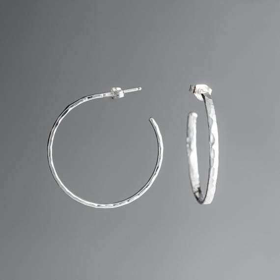 1.25" Handmade Argentium Sterling Silver Hoop Earrings: Hammer Textured Thick Hoops with Post Back