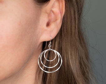 Silver Statement Earrings, Big Circle Drop Earrings, Sterling Silver Geometric Earrings, Bohemian Jewelry, Handmade Gifts For Her