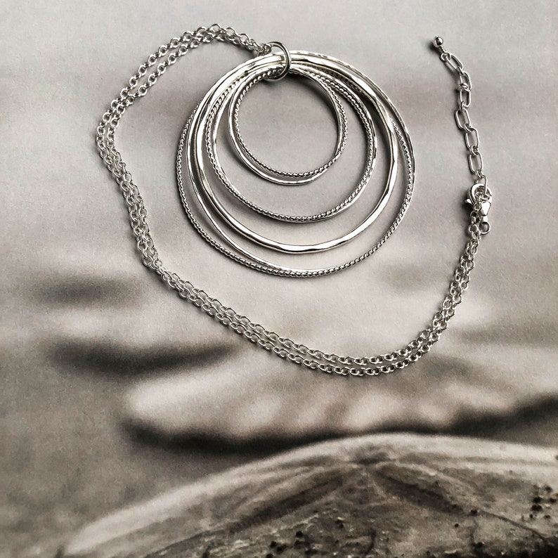 Statement Necklace Boho Artisan Silver Jewelry Long Sterling Silver Necklace -Cluster of Circles Pendant Necklace 30 Inch Silver Chain