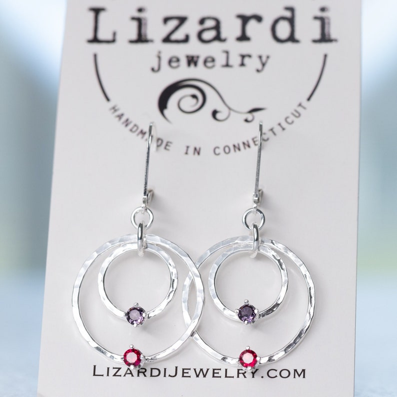 handmade mothers birthstone earrings.  Sterling silver hammered circle earrings with custom birthstones