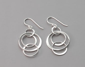 Sterling Silver Multi Circle Earrings, Hand Hammered Dangle Earrings Handmade With Nickel Free Silver, Everyday Silver Jewelry for Her