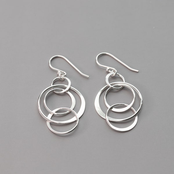 Sterling Silver Multi Circle Earrings, Hand Hammered Dangle Earrings Handmade With Nickel Free Silver, Everyday Silver Jewelry for Her