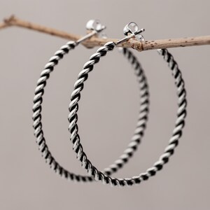 May include: A pair of silver-colored hoop earrings with a twisted rope design. The earrings are round and have a post closure. The earrings are displayed on a small, brown twig against a neutral background.