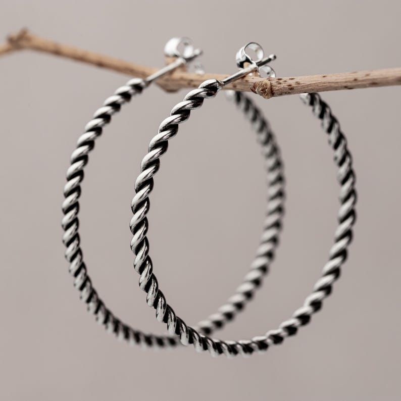May include: A pair of silver-colored hoop earrings with a twisted rope design. The earrings are round and have a post closure. The earrings are displayed on a small, brown twig against a neutral background.