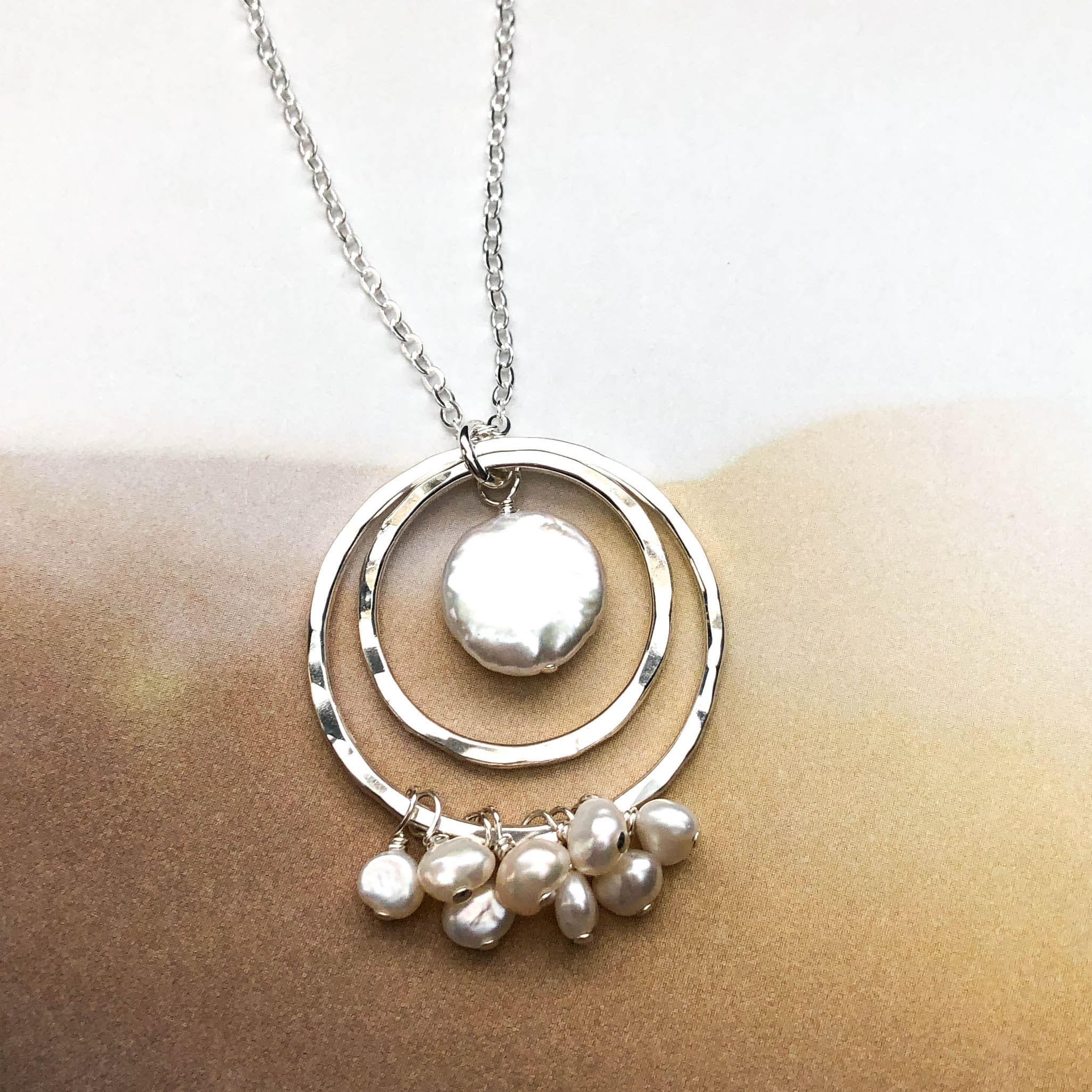 Long Hammered Silver and Pearl Necklace