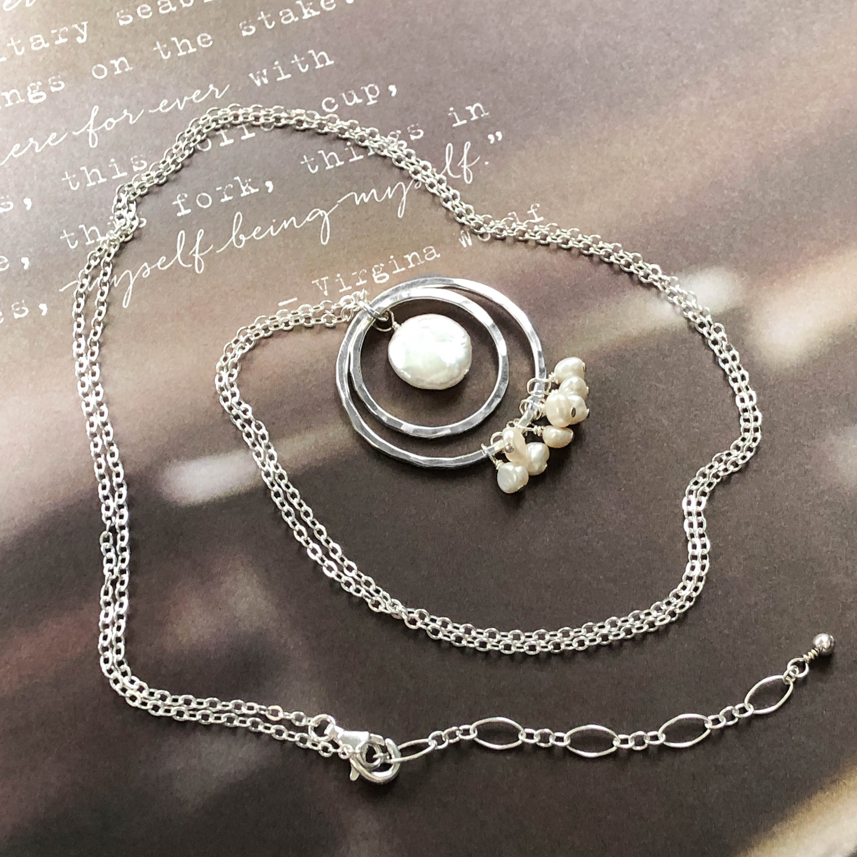 Long Hammered Silver and Pearl Necklace
