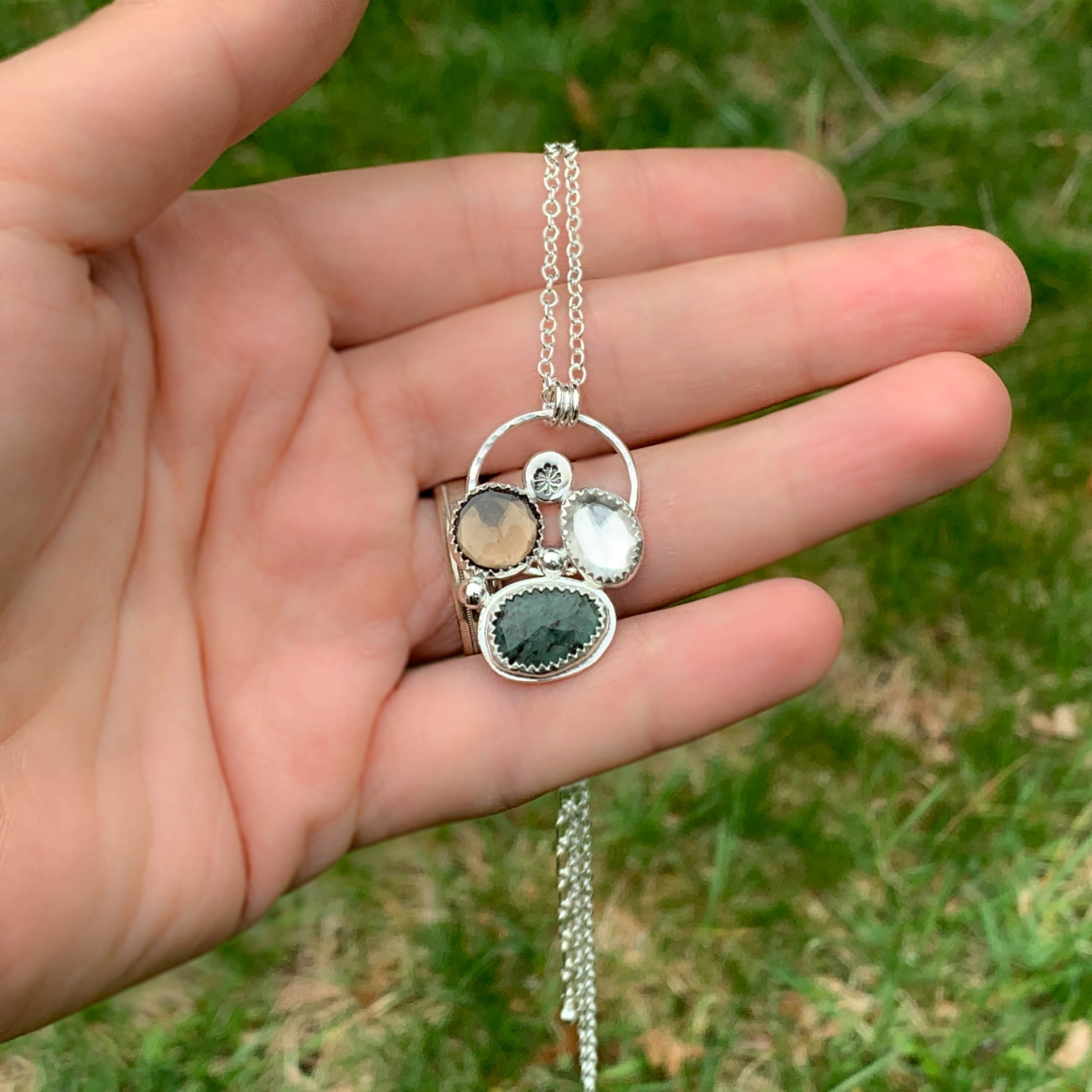 Emerald Gemstone Cluster Pendant Necklace