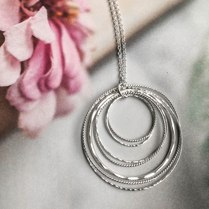 Statement Necklace Boho Artisan Silver Jewelry Long Sterling Silver Necklace -Cluster of Circles Pendant Necklace 30 Inch Silver Chain