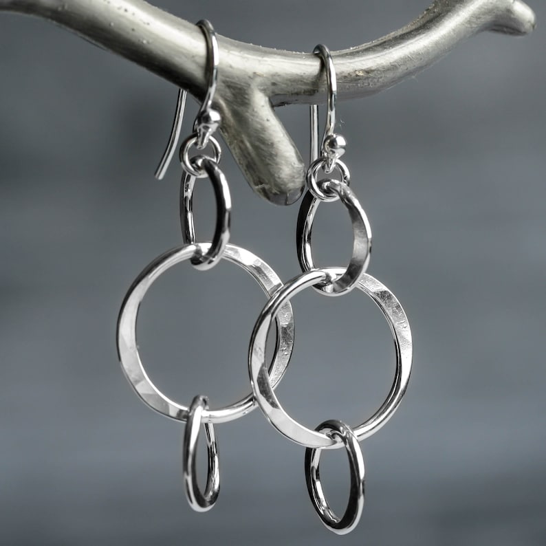 Simple Silver Circle Earrings, Hammered Silver Circle Earrings, Funky Everyday Earrings, Silver Earrings, Sterling Silver Dangle Earrings image 6