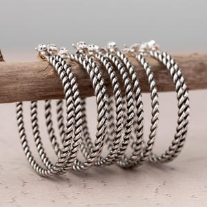 May include: A collection of silver hoop earrings with a twisted rope design. The earrings are displayed on a wooden branch against a neutral background. Each earring has a small, decorative stud at the top.