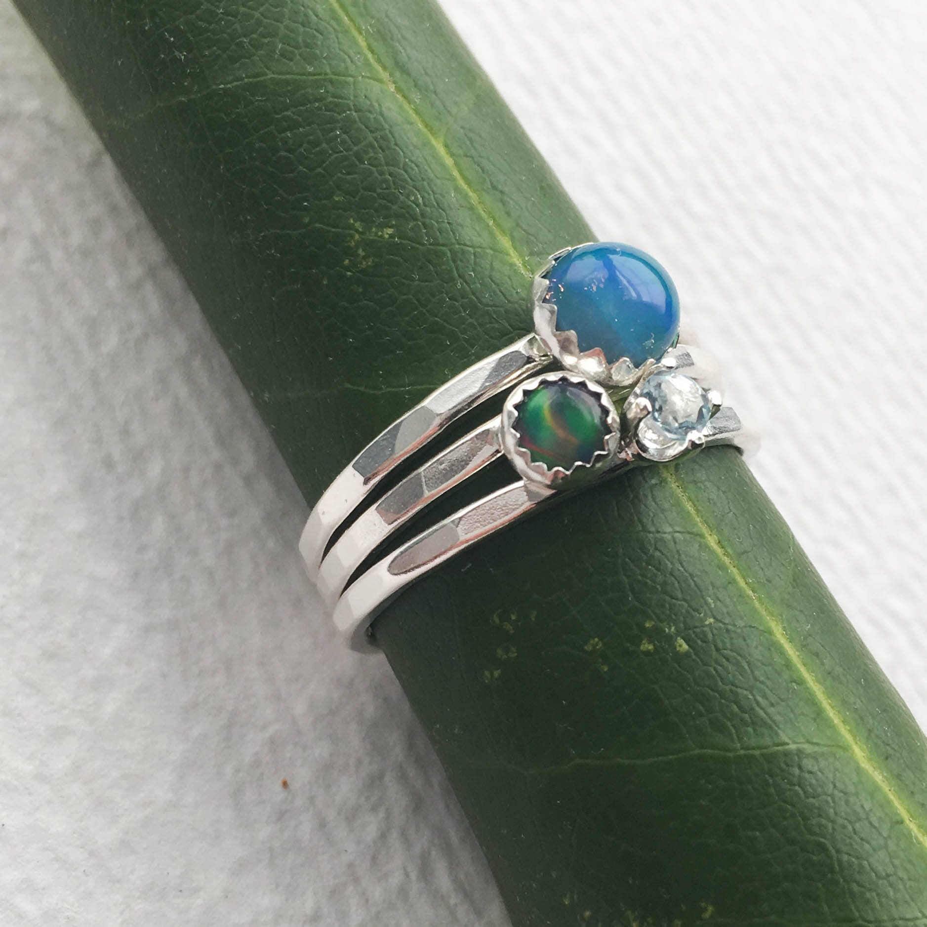 Opal and Blue Topaz Gemstone Ring Stack