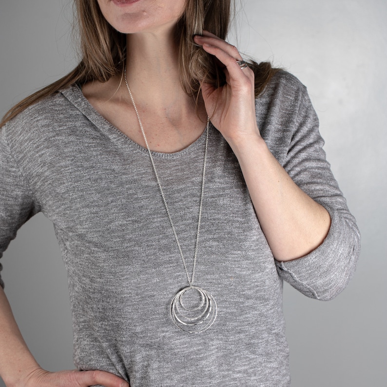 Statement Necklace Boho Artisan Silver Jewelry Long Sterling Silver Necklace -Cluster of Circles Pendant Necklace 30 Inch Silver Chain