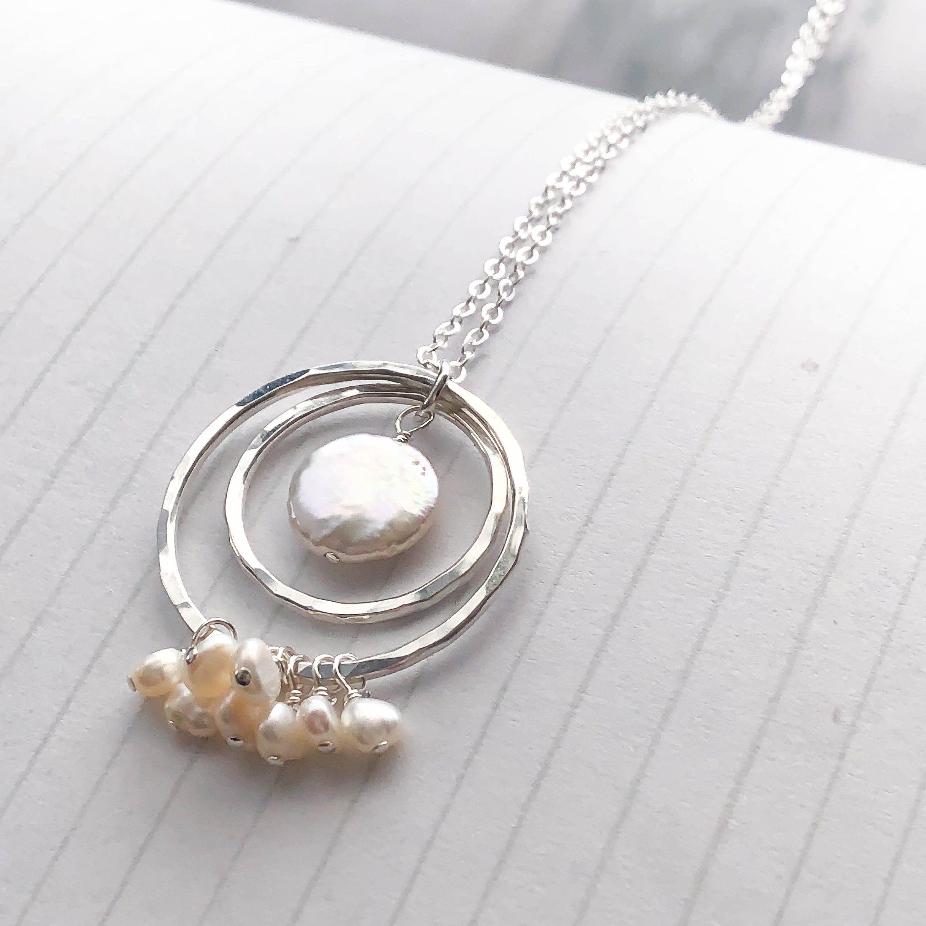 Long Hammered Silver and Pearl Necklace