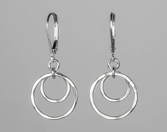 Small Silver Circles Lever back Earrings - Minimalist Jewelry - Lightweight, Nickel Free Sterling Silver Dangle Earrings - Short Earrings