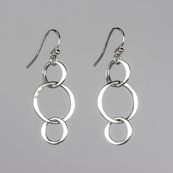Simple Silver Circle Earrings, Hammered Silver Circle Earrings, Funky Everyday Earrings, Silver Earrings, Sterling Silver Dangle Earrings