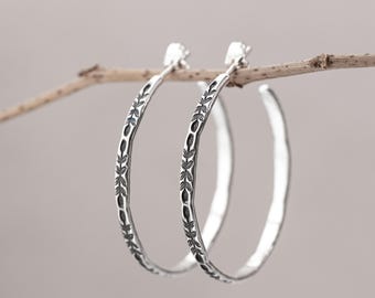 1.5" Sterling Silver Stamped Vine Hoop Earrings: Handmade Argentium Oxidized Silver Jewelry