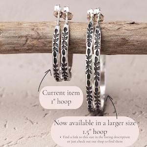 Handmade Sterling Silver Hoop Earrings: Stamped Vine Design, Argentium Silver Oxidized Jewelry imagem 8