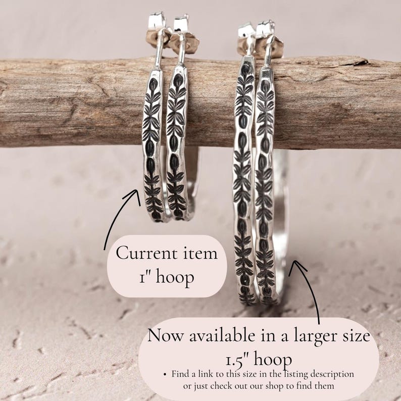 Handmade Sterling Silver Hoop Earrings: Stamped Vine Design, Argentium Silver Oxidized Jewelry imagem 8
