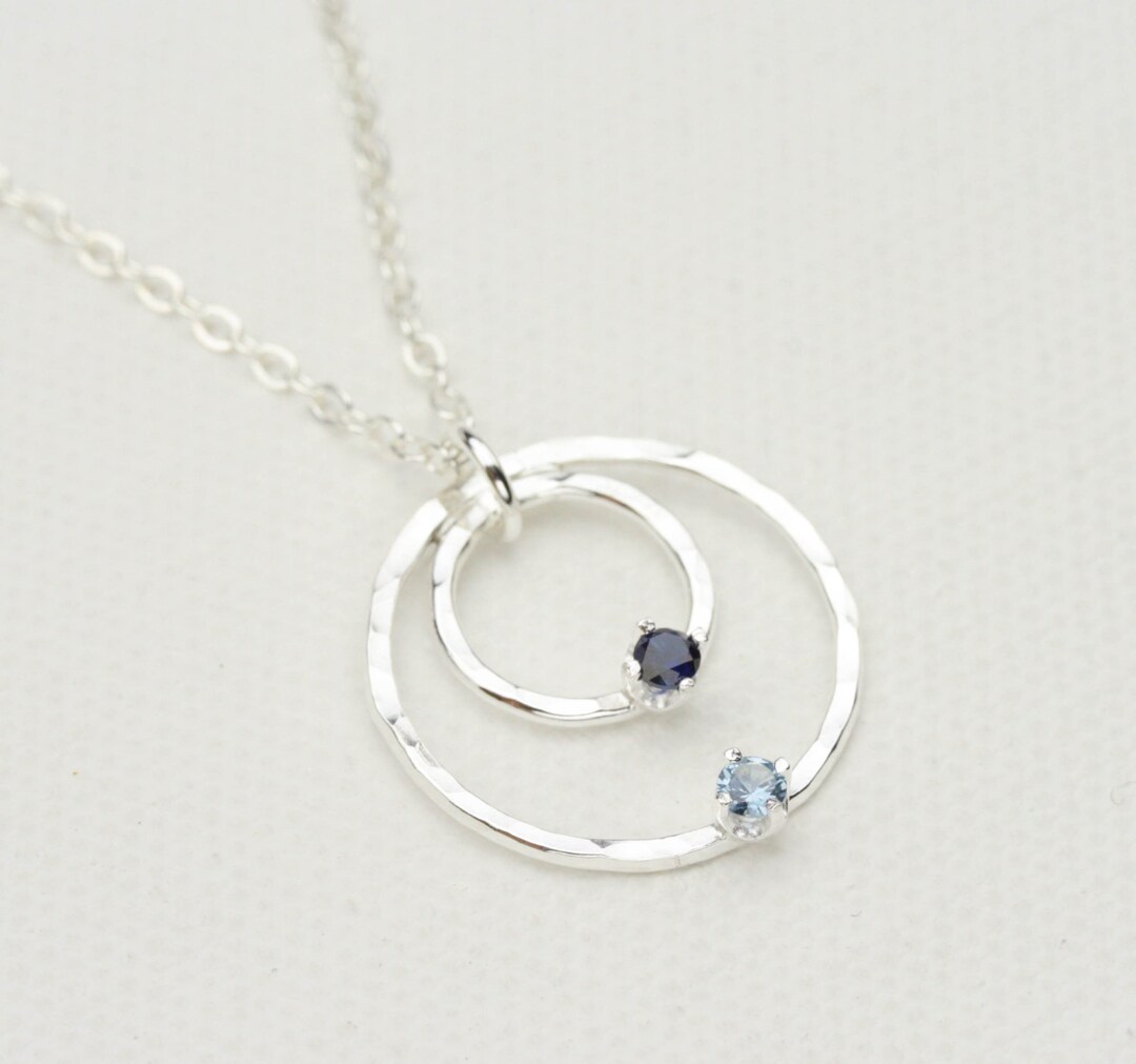 Birthstone Necklace, Mother and Child Necklace, Mothers Necklace, Hammered Silver Circle with Birthstone Accents, Mothers Jewelry