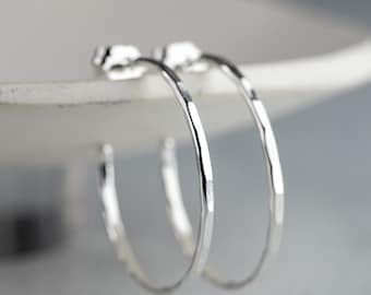 1" Hammered Argentium Sterling Silver Hoop Earrings: Thin Hoops, Lightweight and Nickel Free