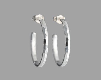 1" Hammered Sterling Silver Post Hoop Earrings: Handmade Argentium Silver Minimalist Jewelry