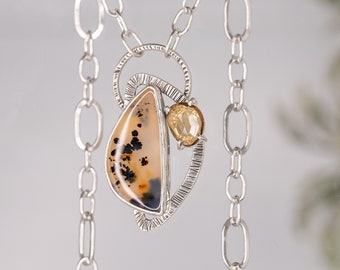 Dendritic Agate and Citrine Asymmetrical Sterling Silver Pendant with Handmade Sterling Silver Chain - Handmade Metalsmith Jewelry